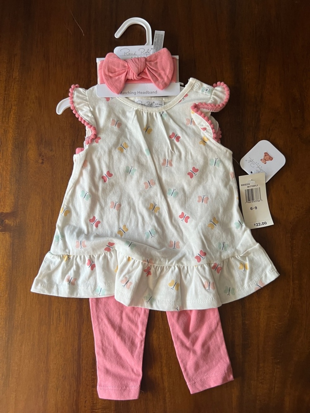 Rene Rofe baby Pink and Cream Butterfly Matching Set with Headband